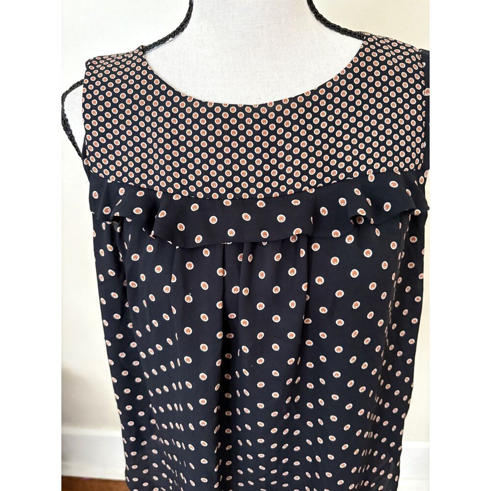 Ann Taylor LOFT Black Orange Polka Dot Ruffle Blouse Women’s XS Sleeveless